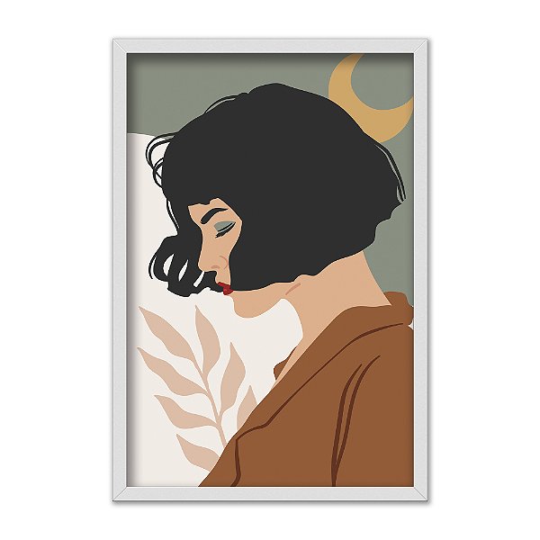 Quadro Decorativo Mulher Cabelo Curto Pefil Folhas Moderno
