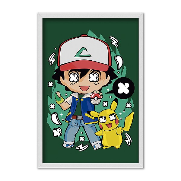 Quadro Decorativo Anime Pokemon Ash E Pikachu Fundo Verde