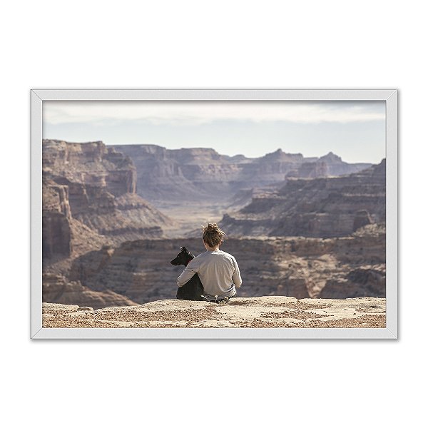 Quadro Decorativo Mulher Cachorro Observando Cânion Horizonte