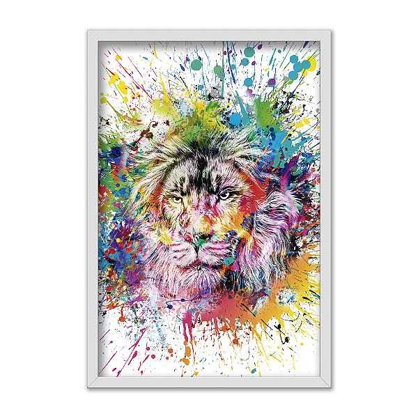 Quadro Decorativo Leão Colorido Efeito Tinta Splash