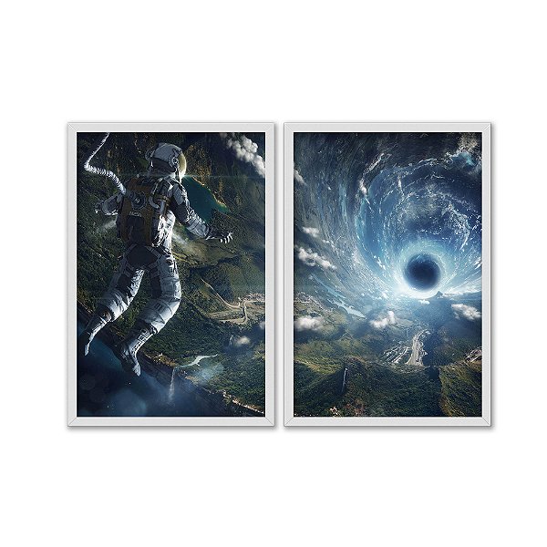 Kit Dois Quadros Decorativos Abstrato Astronauta Observando Burado de Minhoca