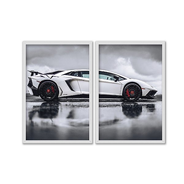 Kit Dois Quadros Decorativos Super Carro Lamborghini Branca Fundo Nevoeiro