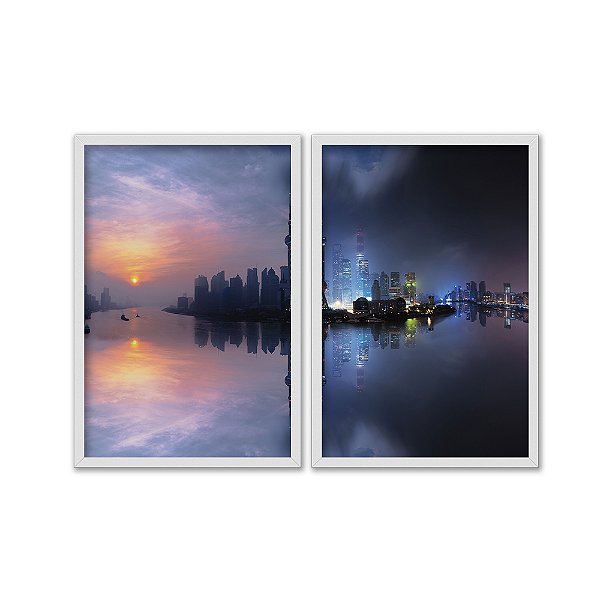 Kit Dois Quadros Decorativos Contraste Entre Cidades Por Do Sol Noite