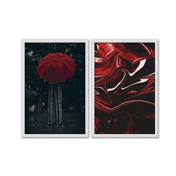 Kit Dois Quadros Decorativos Guarda Chuva Vermelho Tons de Vermelho