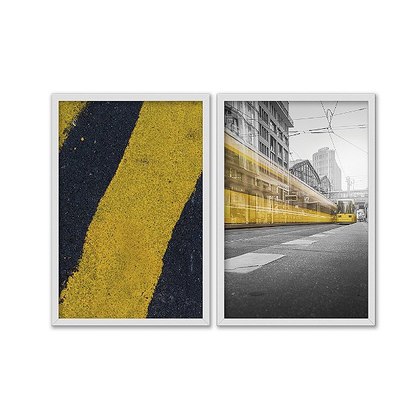 Kit Dois Quadros Decorativos Cidade Urbando Ruas Amarelo
