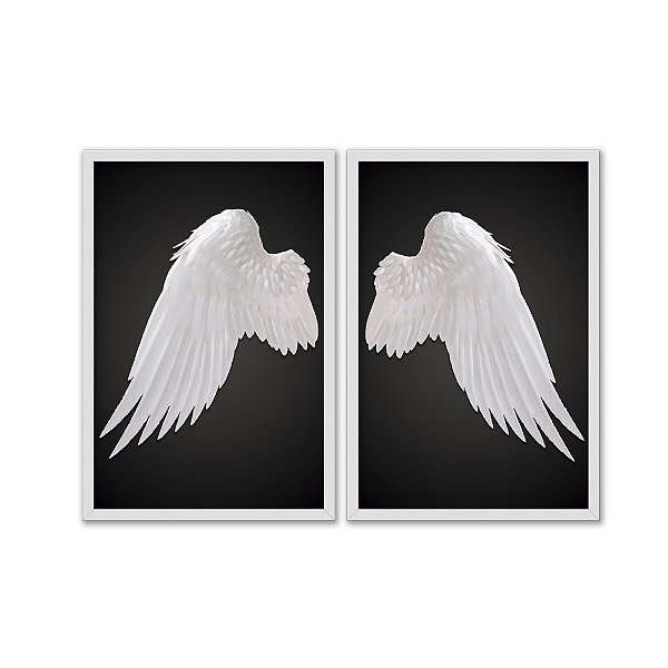 Kit Dois Quadros Decorativos Asas de Anjo Brancas Fundo PRETO