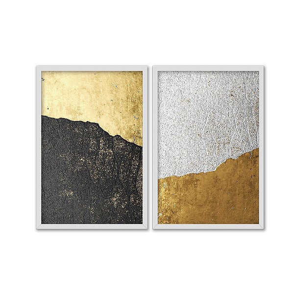 Kit Dois Quadros Decorativos Abstrato Textura Parede Dourado Branco E Preto