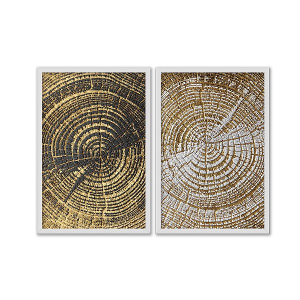 Kit Dois Quadros Decorativos Marcas De Idade Tronco Dourado Preto E Branco