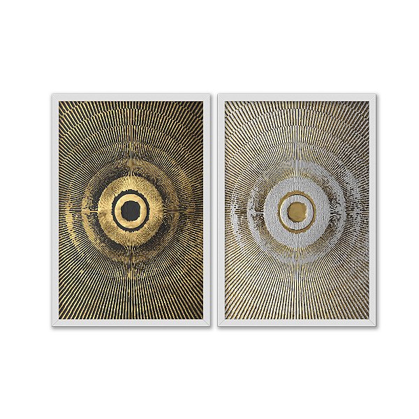 Kit Dois Quadros Decorativos Abstrato Circulos E Ranhaduras Dourados