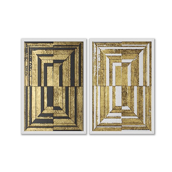 Kit Dois Quadros Decorativos Abstrato Detalhes Dourados Brancso e Pretos