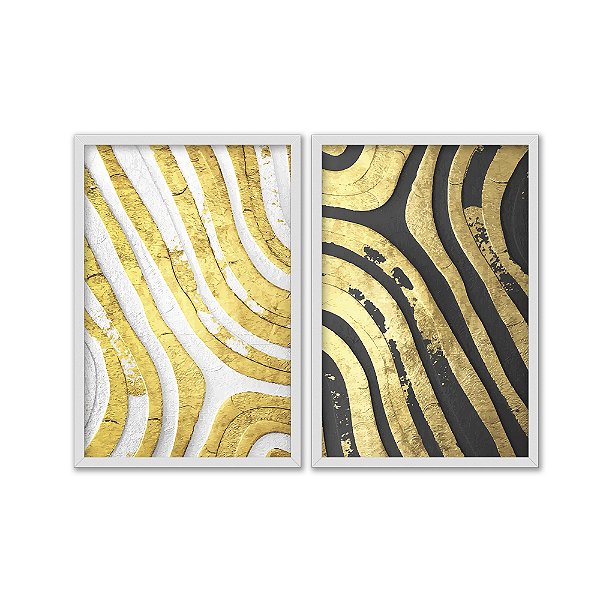 Kit Dois Quadros Decorativos Listras Orgãnicas Douradas Fundo Preto E Branco