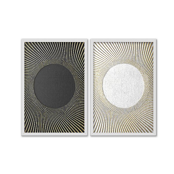 Kit Dois Quadros Decorativos Abstrato Circulo Preto E Branco Listras Douradas
