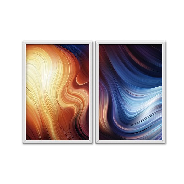 Kit Dois Quadros Decorativos Degradê Dourado e Azul Abstrato Ondas