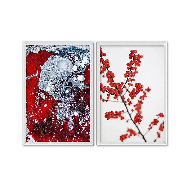 Kit Dois Quadros Decorativos Padrões Efeito Tinta A Óleo E Frutinhas Vermelhas
