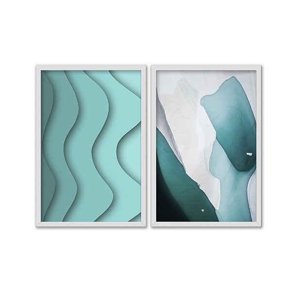 Kit Dois Quadros Decorativos Abstrato Ondas Tons de Turquesa