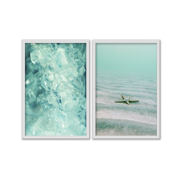 Kit Dois Quadros Decorativos Cristais Turqueses Estrela No Fundo Do Mar