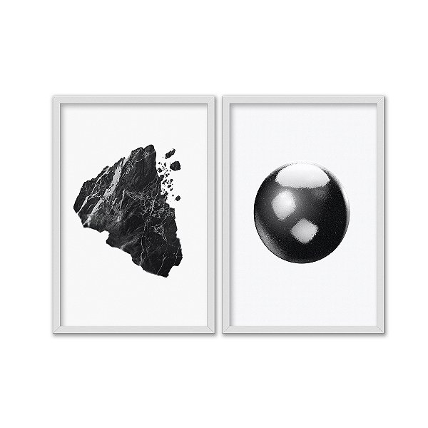 Kit Dois Quadros Decorativos Contraste Entre Pedra e Esfera Preto E Branco