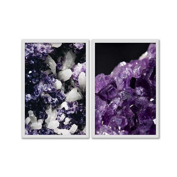 Kit Dois Quadros Decorativos Formações de Cristais Roxos Em Um Geodo