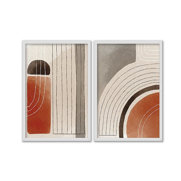 Kit Dois Quadros Decorativos Formas Geométricas Efeito Aquarela Marrom E Vermelho