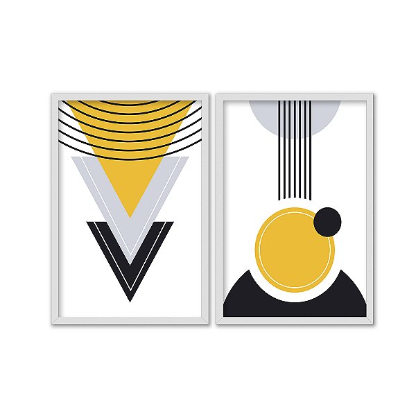 Kit Dois Quadros Decorativos Formas Geométricas Amarelas Listras Pretas