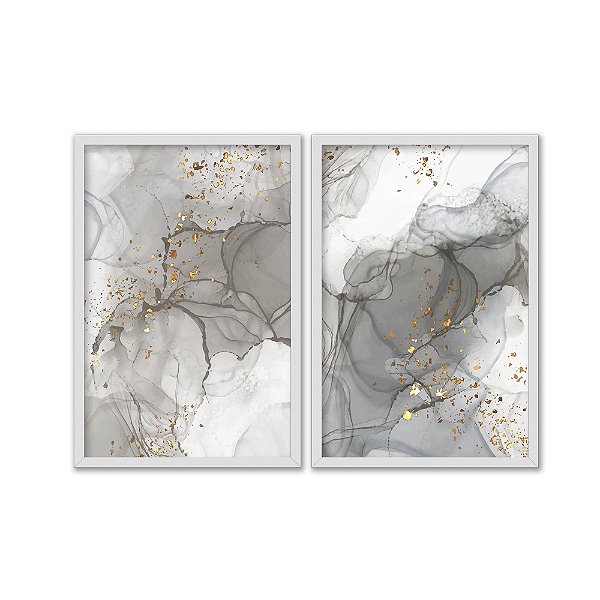 Kit Dois Quadros Decorativos Manchas de Aquarelas Cinzas Com Detalhes Dourados
