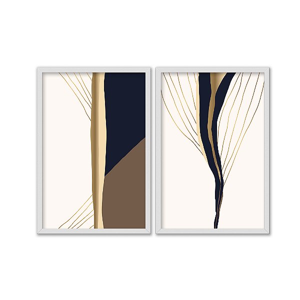 Kit Dois Quadros Decorativos Abstrato Linhas Dourado Marrom E Bege