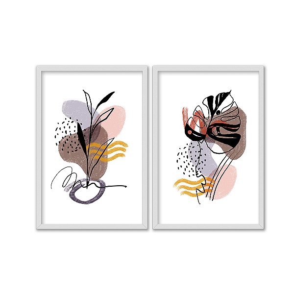 Kit Dois Quadros Decorativos Plantas Boho Listras Amarelas