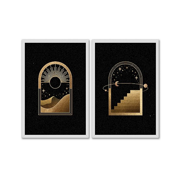 Kit Dois Quadros Decorativos Abstrato Janelas Deserto Escada Dourada e Preto