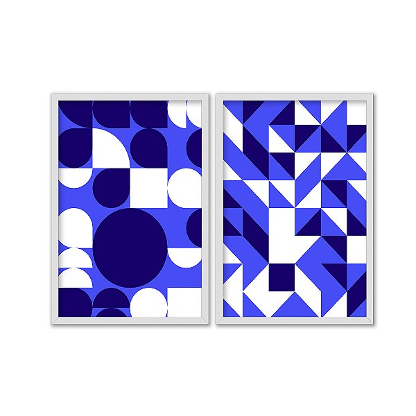 Kit Dois Quadros Decorativos Formas Geométricas Azuis Brancas
