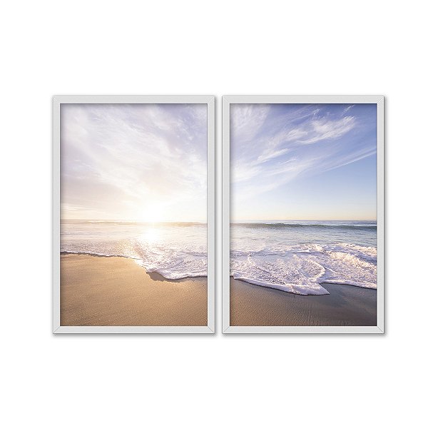 Kit Dois Quadros Decorativos Praia Nascer do Sol Céu Azul