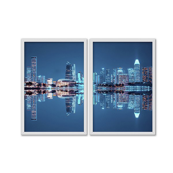 Kit Dois Quadros Decorativos Cidade Iluminada A Noite Refletida No Lago