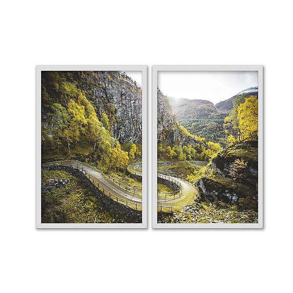 Kit Dois Quadros Decorativos Entrada Entre As Montanhas Floresta