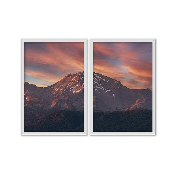 Kit Dois Quadros Decorativos Montanha Ilumida Pela Luz Vermelha do Por Do Sol