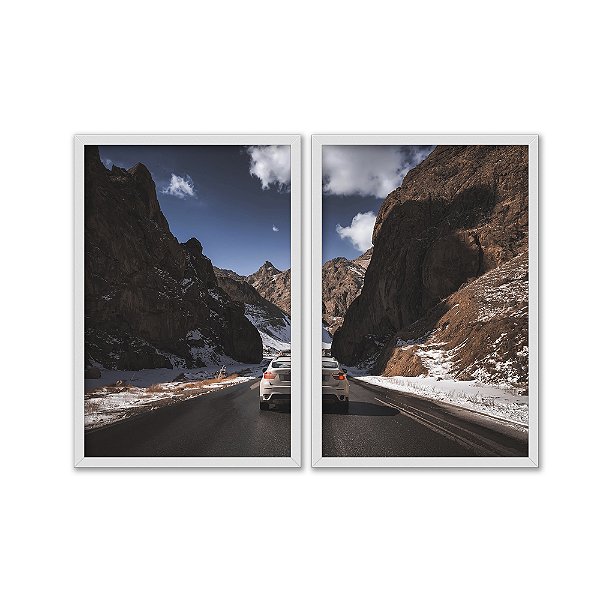 Kit Dois Quadros Decorativos Carro Estrada Entre Montanhas