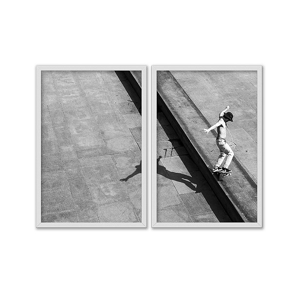 Kit Dois Quadros Decorativos Esqueitista Manobrando Urbano Preto E Branco