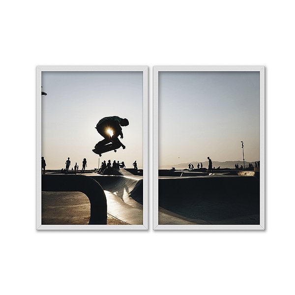 Kit Dois Quadros Decorativos Esqueitista Manobrando Contra O Sol