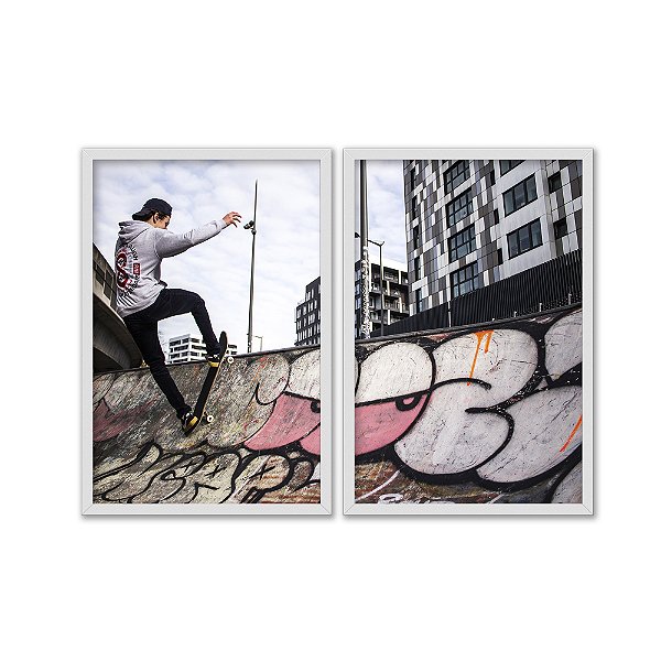 Kit Dois Quadros Decorativos Esqueitista Manobrando Pista Urbano Cidade