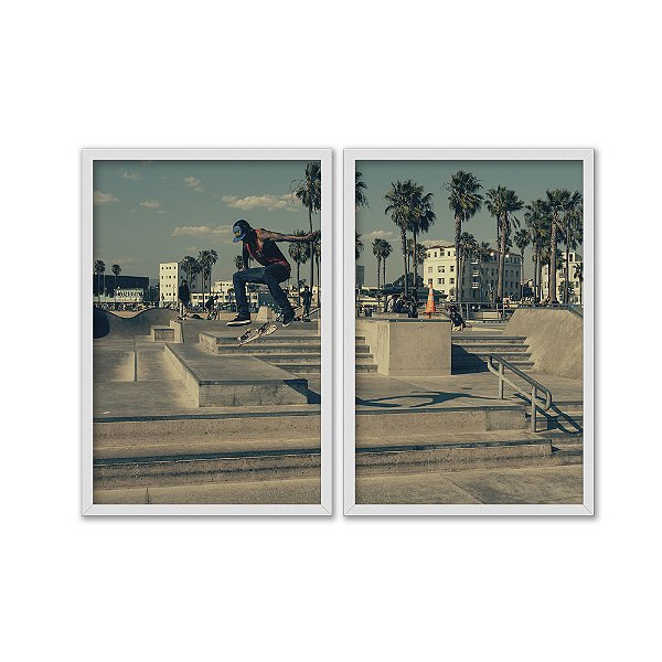 Kit Dois Quadros Decorativos Esqueitista Manobrando Pista Coqueiro Urbano Cidade