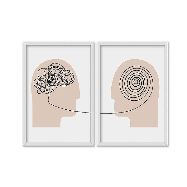 Kit Dois Quadros Decorativos Psicologia Resolução Conversa Bege Fundo Branco
