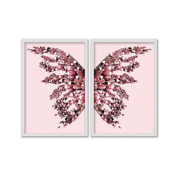 Kit Dois Quadros Decorativos Borboleta de Cristal Rosê Fundo Rosa