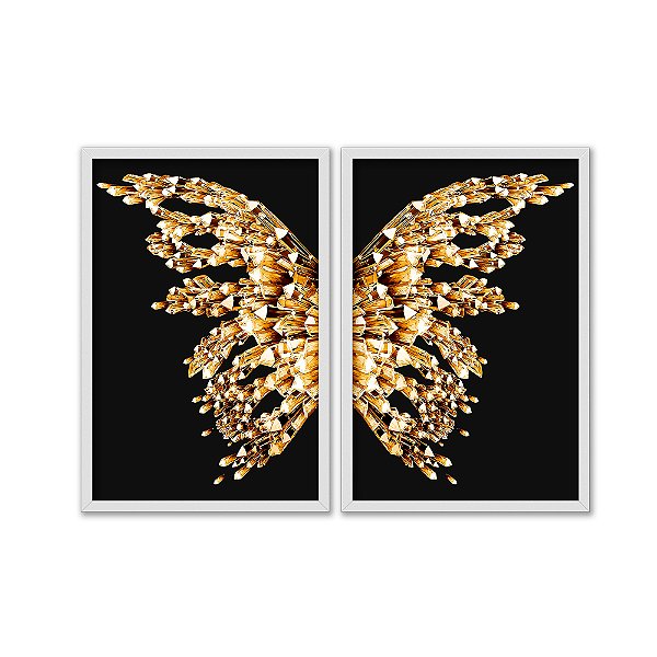 Kit Dois Quadros Decorativos Borboleta de Cristal Dourada Fundo Preto