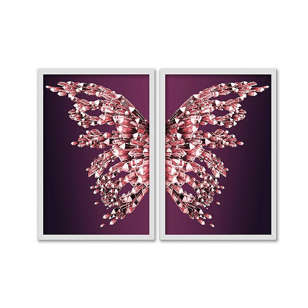 Kit Dois Quadros Decorativos Borboleta de Cristal Rosê Fundo Preto Degradê Rosa