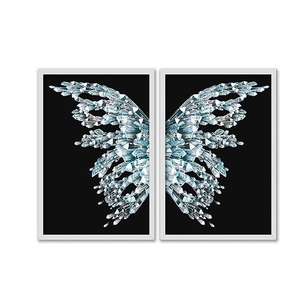 Kit Dois Quadros Decorativos Borboleta de Cristal Azul Fundo Preto