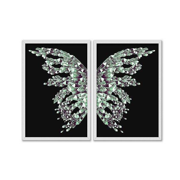 Kit Dois Quadros Decorativos Borboleta de Cristal Verde Fundo Preto