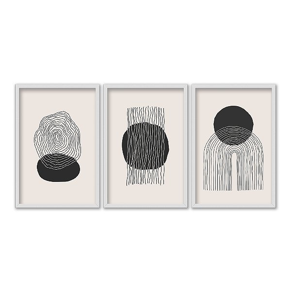 Kit 3 Quadros Decorativos Formas E Linhas Abstratas Preto E Branco