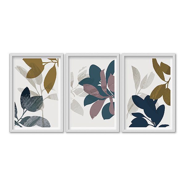 Kit 3 Quadros Decorativos Folhas Coloridas Moderno