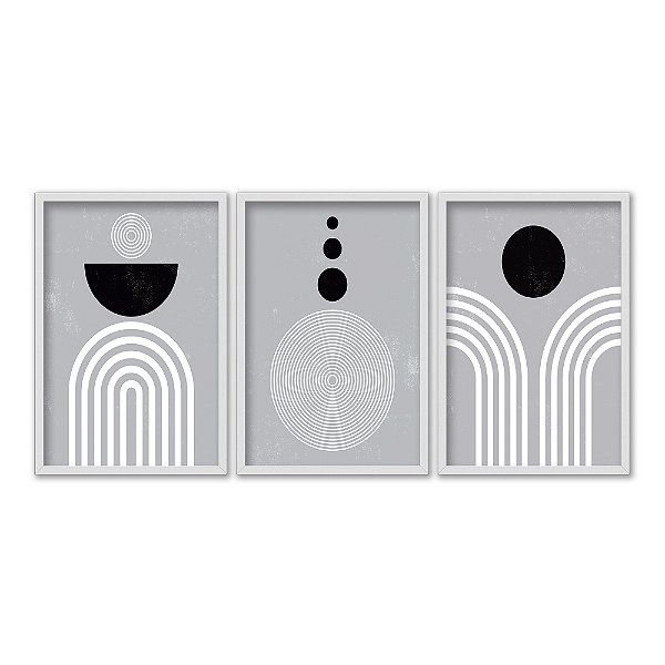 Kit 3 Quadros Decorativos Formas Abstratas Linhas Preto E Branco