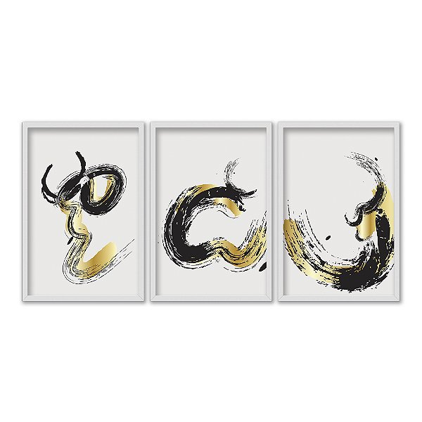Kit 3 Quadros Decorativos Abstrato Pinceladas De Tinta Dourado E Preto