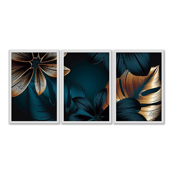 Kit 3 Quadros Decorativos Folhas Costelas De Adão Douradas Moderno