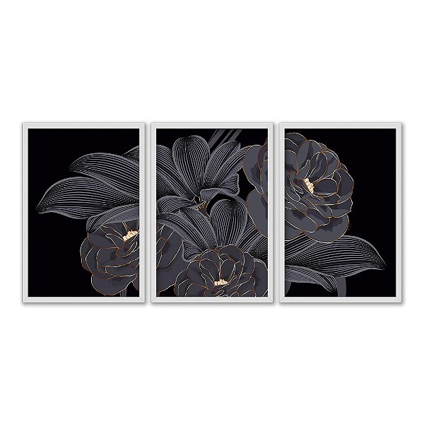 Kit 3 Quadros Decorativos Flores Cinzas Detalhes Dourados Moderno